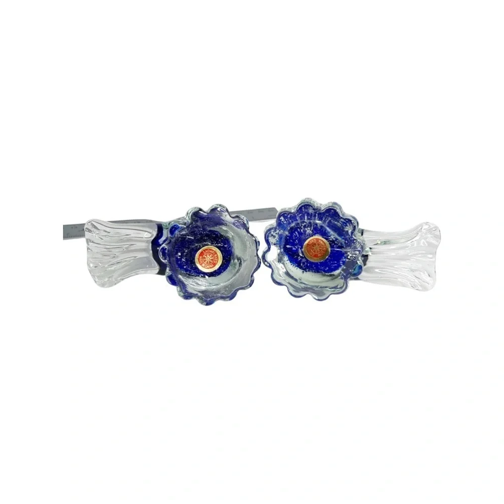 Vintage (2) small Snowflakes blue bird blown clear glass figurines.